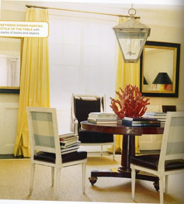 yellow curtains, dining room black leather chairs