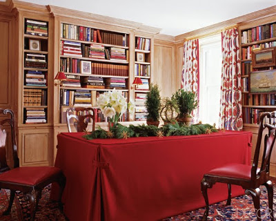 European Design Influences on American Design, Miles Redd library with red skirted table chirstmas decor