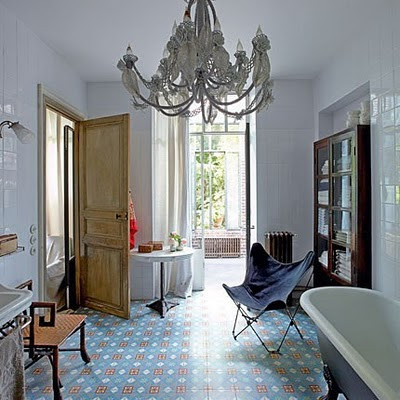 French style bathroom design patterned floor tiles and freestanding tub