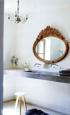 French style bathroom design floating concrete  sink with oval mirror