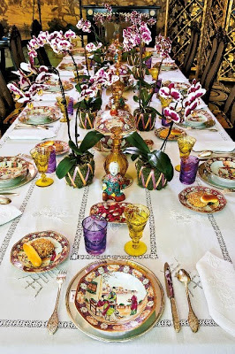 chic glamorous table setting colorful with orchids flower