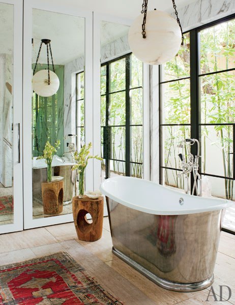 Jenni Kayne bathroom with freestanding tub in chrome finish in California  via belle vivir