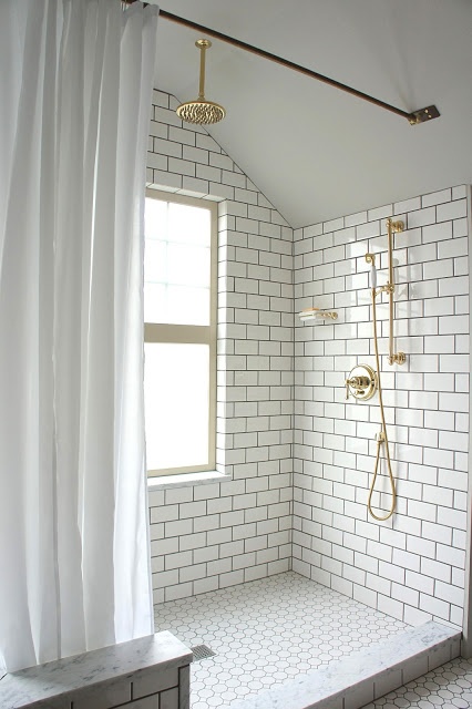 White Interiors, via belle vivir blog, neutral color interior design bathroom with mosaic floor, white subway tiles and brass faucet