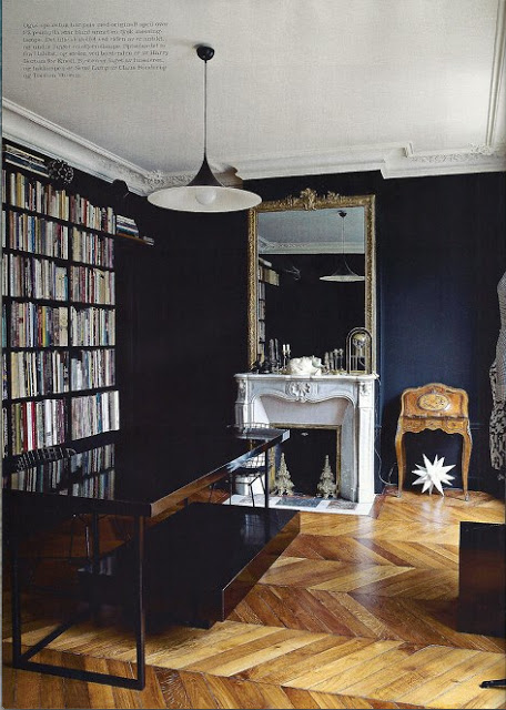 Black in Interiors, A home library with chevron floors and black wall