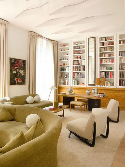 library with curved sofa