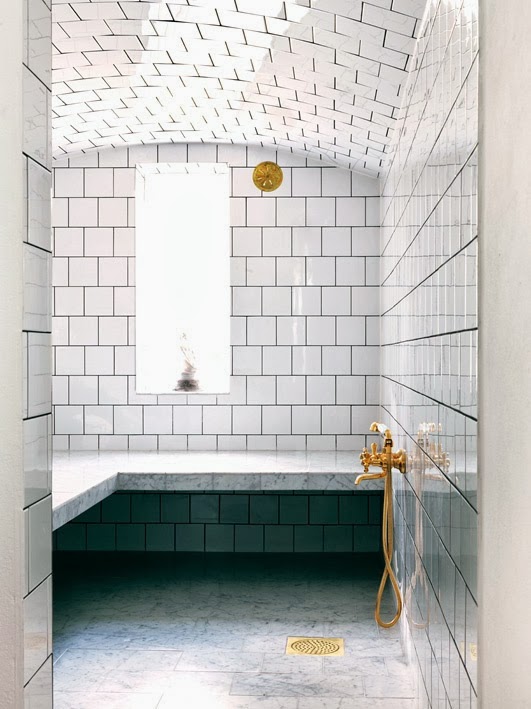 White marble Bathroom with Brass Fixture, white bathroom with marble and white tiles