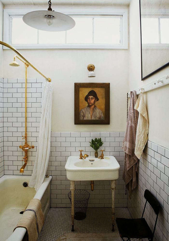 White marble Bathroom with Brass Fixture, bathroom with white subway tiles and brass fixtures