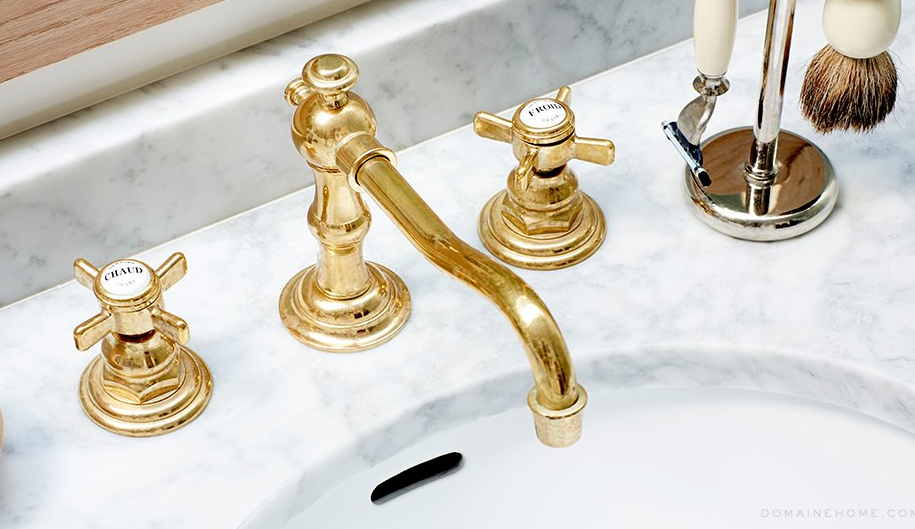 White marble Bathroom with Brass Fixture, marble sink with brass faucets