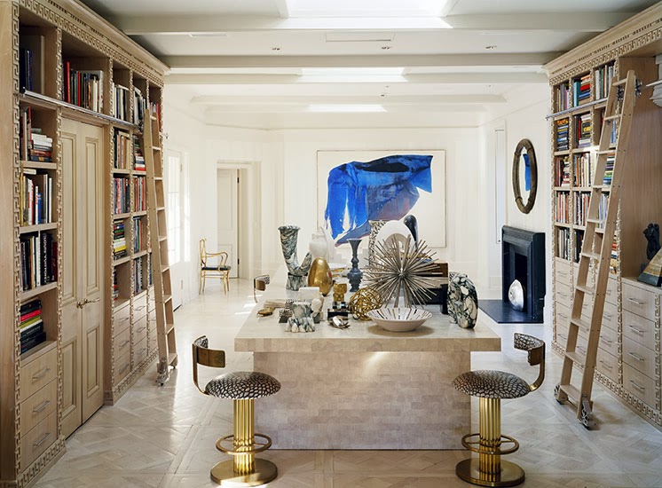kelly wearstler's home office with greek key moldings