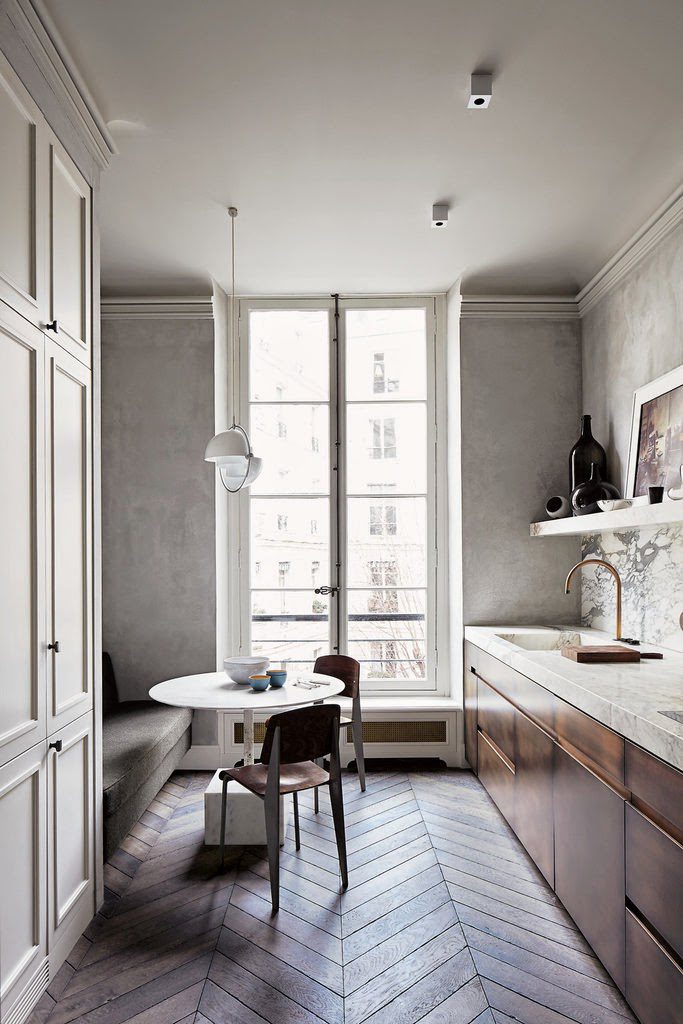 Joseph Dirand's home via belle vivir kitchen with chevron floor