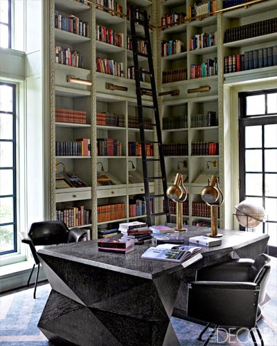 The most beautiful home library with green high bookcases via belle vivir