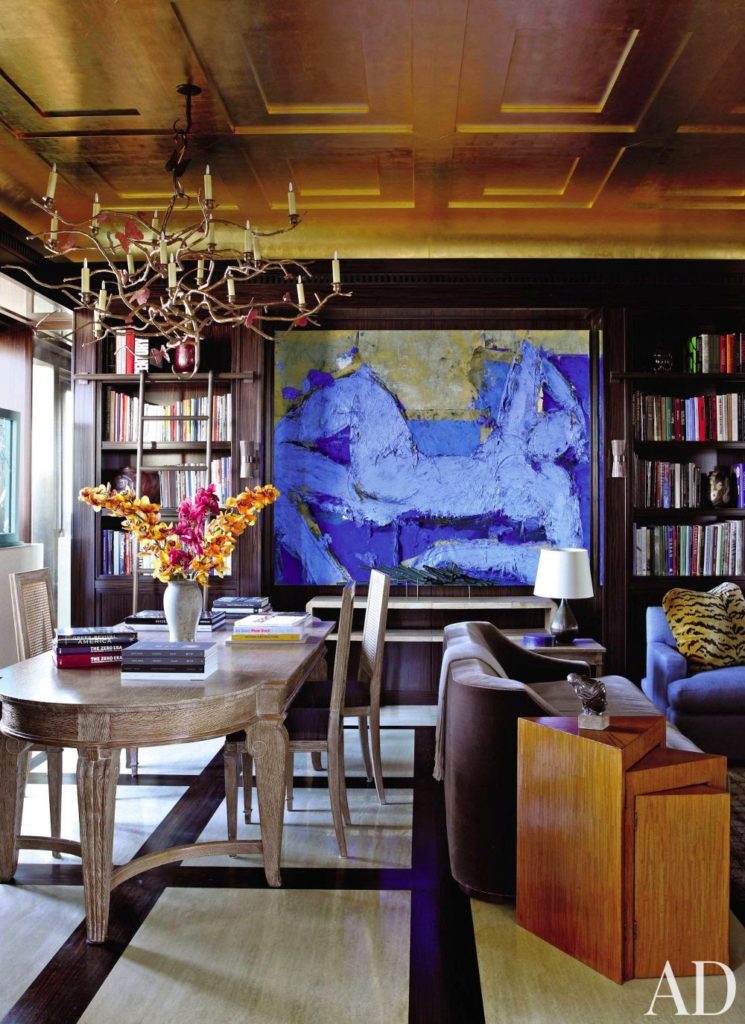 The most beautiful home librarie with gold ceiling and black walls via belle vivir