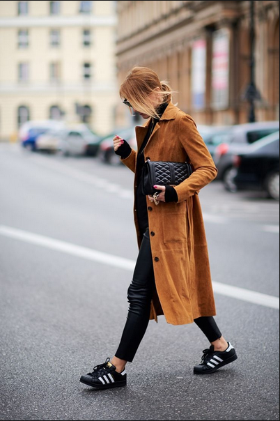 sneakers, street style, adidas sneakers with leather pants and camel coat