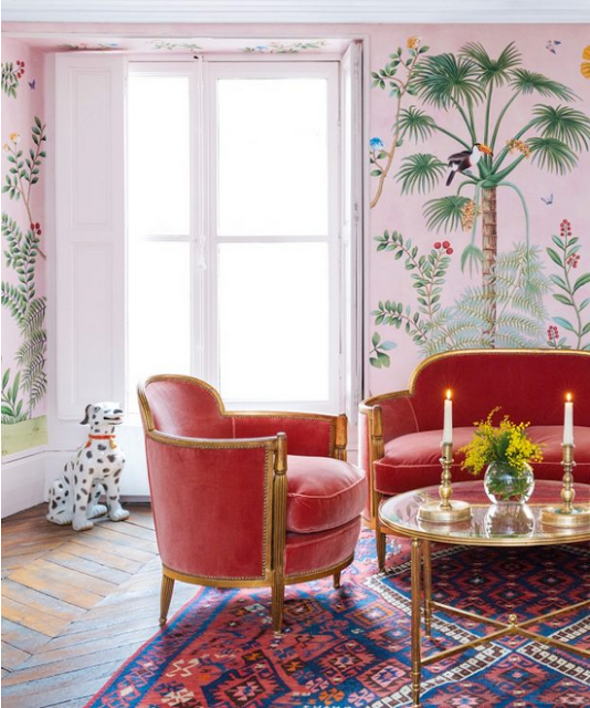 Aquazzura studio with pink de gourney wallpaper