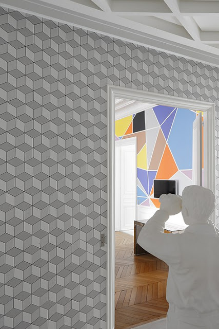 geometry wallpaper in entryway