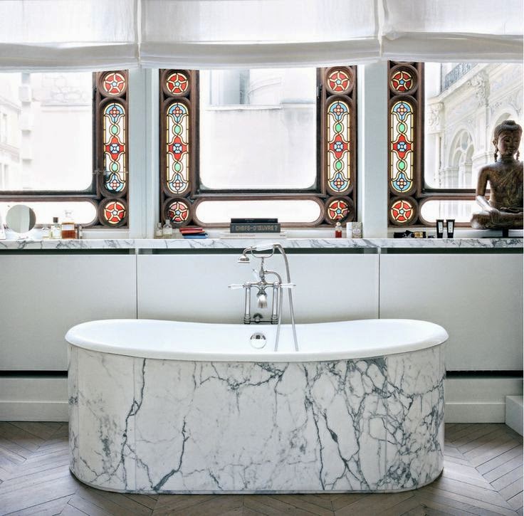 Veined Marble Bathrooms with tiffany glass windows, tub with heavinly veined marble 