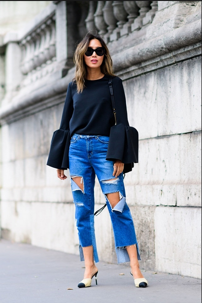 Song of Style wearing bell sleeves top with ripped jeans and chanel shoes