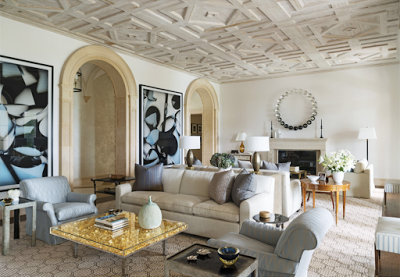 David Kleinberg Design in Palm Beach living room with coffered ceiling