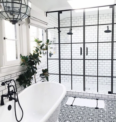 steel casement window, black-white-bathroom-with-shower-steel-enclosure