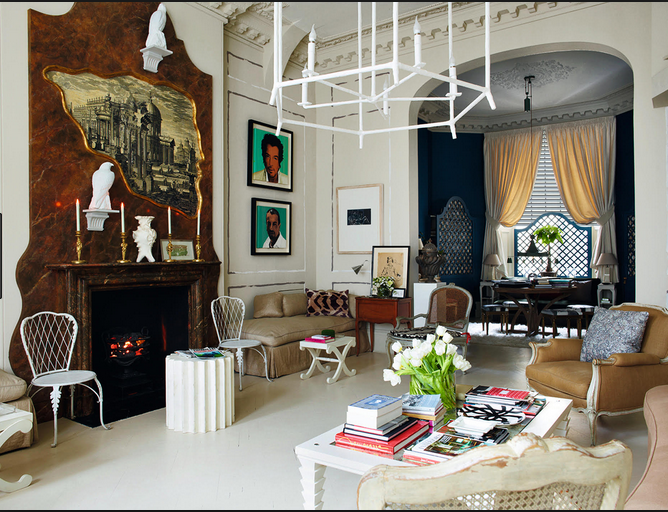plaster chandelier, white plaster chandelier via belle vivir interior design blog Nicky Haslam home