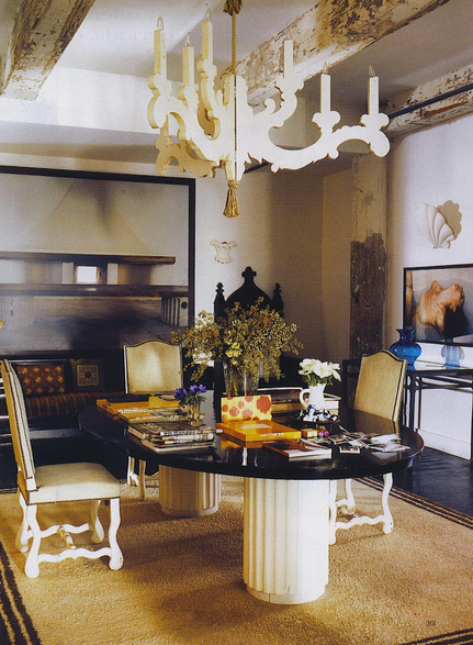 white plaster chandelier, plaster chandelier, via belle vivir interior design blog Francois Halard home with plaster base on table and sconces