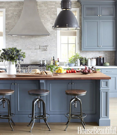 gray kitchen, functional kitchen with butcher block counter top via belle vivir blog