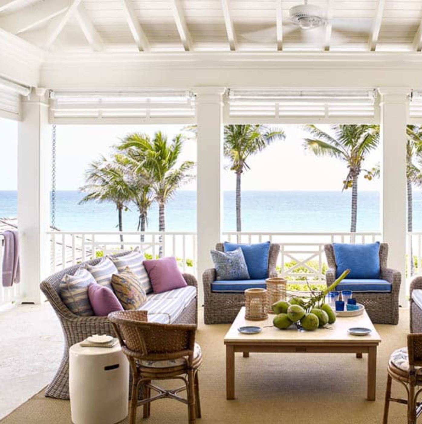 beach home, bahama style, rattan, blue, porch