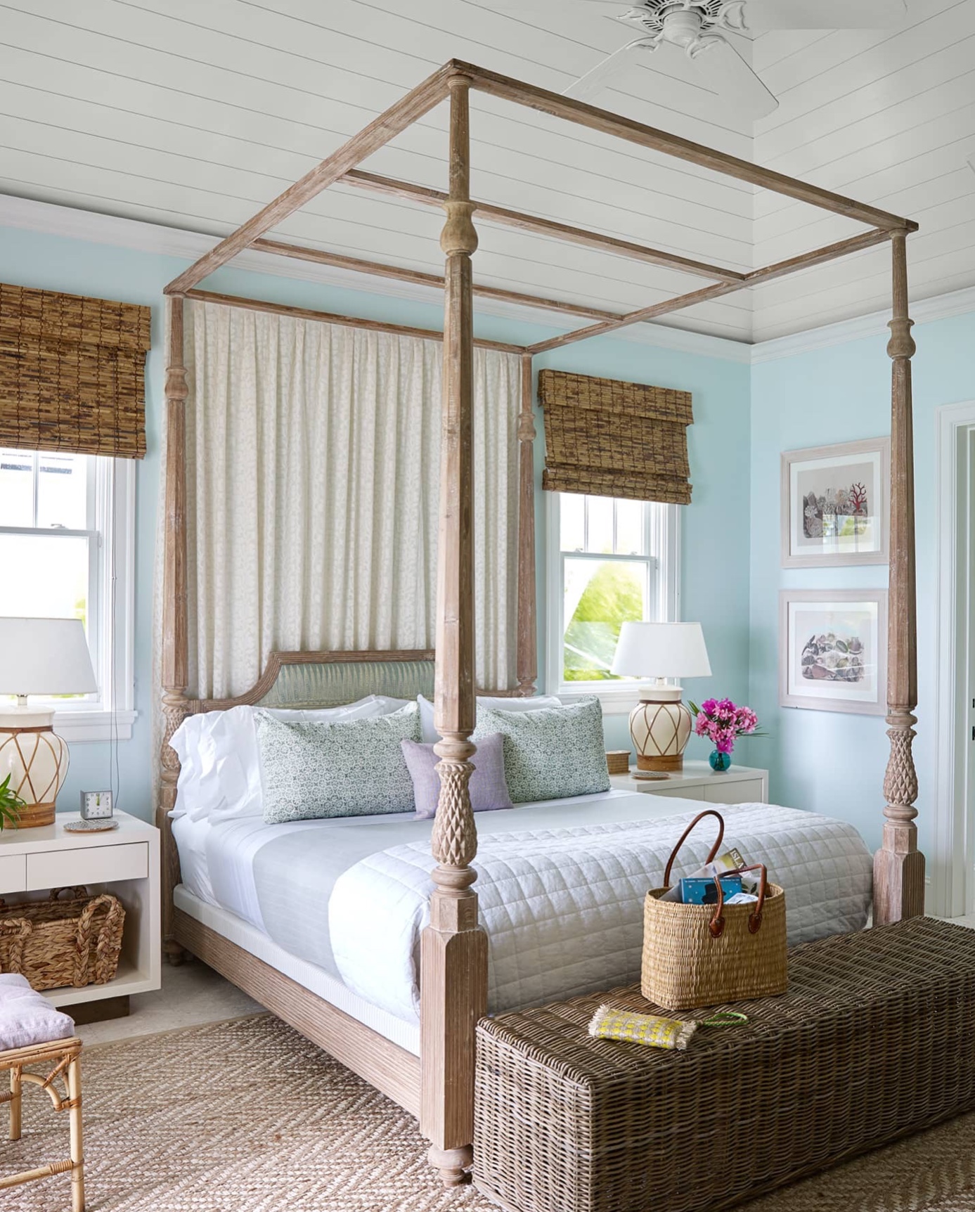 beach home, bahama style, rattan, blue, canopy bed