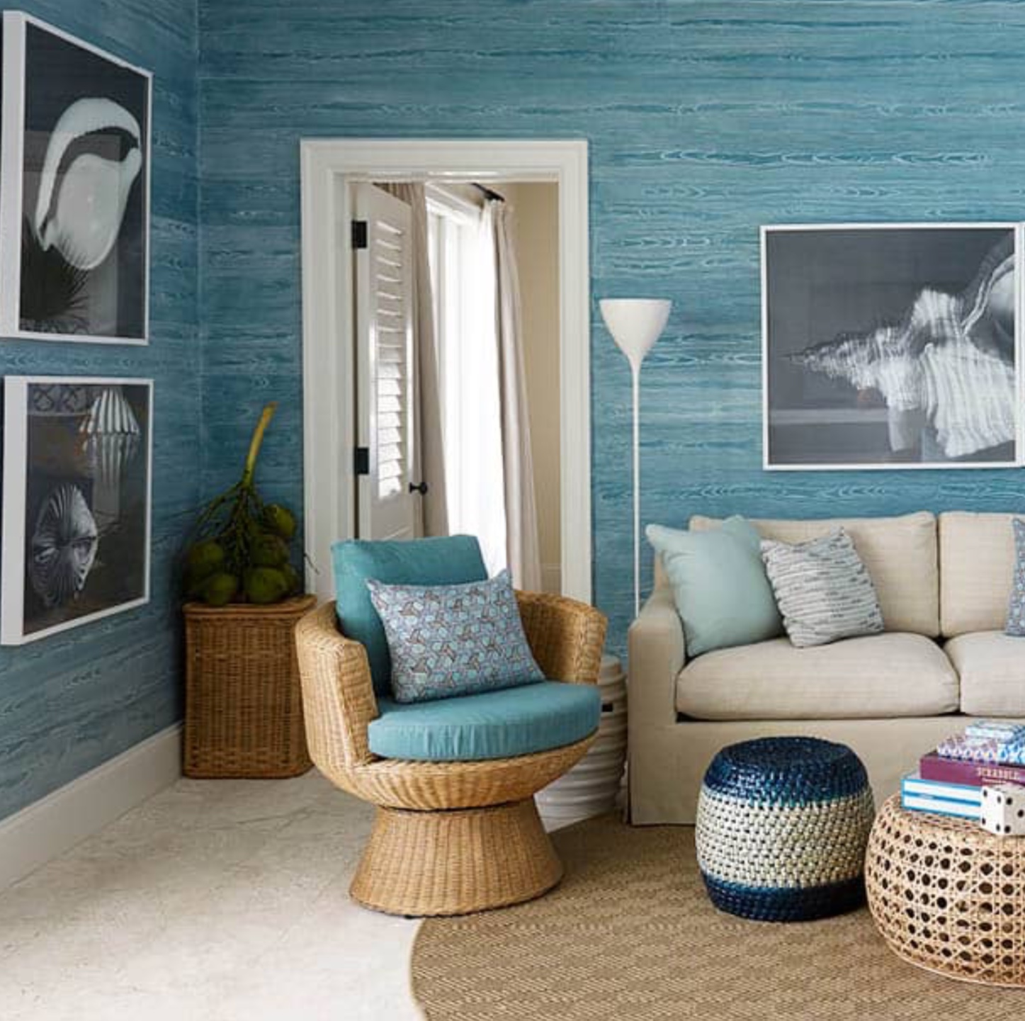 beach home, bahama style, rattan, blue, living room