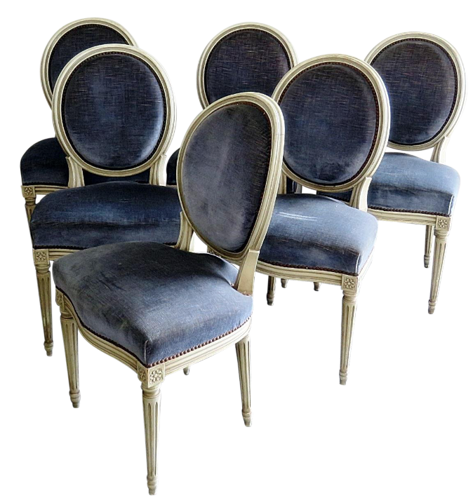 Six French Louis XVI High Back Blue Velvet Walnut Dining Chairs - Mary  Kay's Furniture