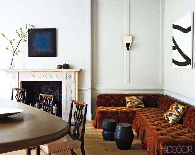 Steven Volpe living room, rust banquette