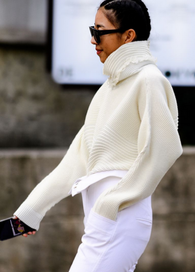 wear white in winter, off white sweater and white pants