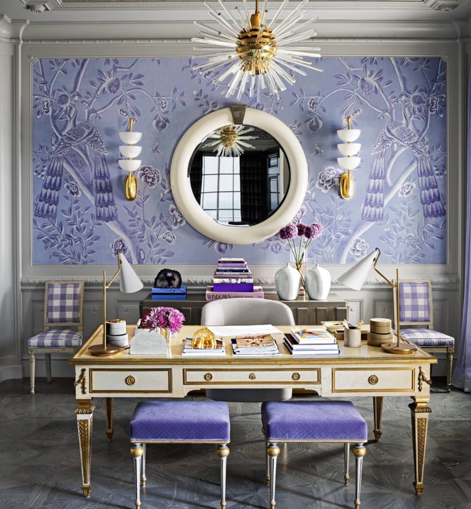Mary McDonald design, chinoiserie purple and white office