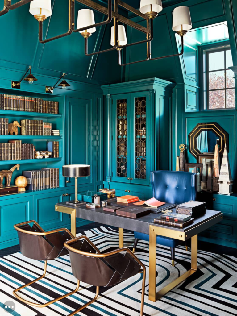Mary McDonald design, bold blue home office
