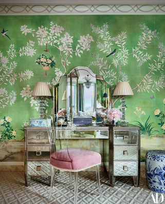 Mario Buatta, mirrored vanity and green chinoiserie walls