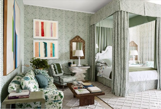 Micharl Smith bedroom in green fabric on walls and canopy bed