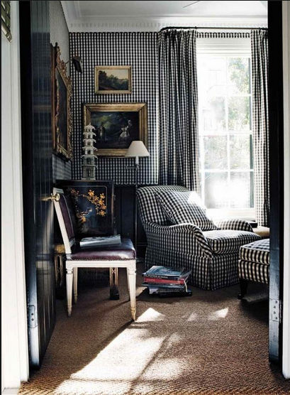 chequered fabric on walls and chair