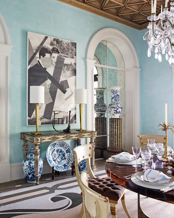 blue dining room with swedish klissmos chairs