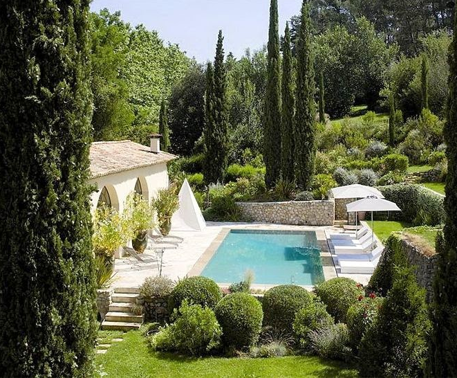 swimming pool with cypress pine trees and ever green
