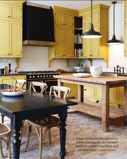 yellow mustard kitchen with stone floor