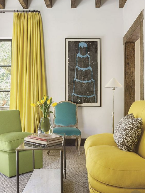 yellow sofa and curtains