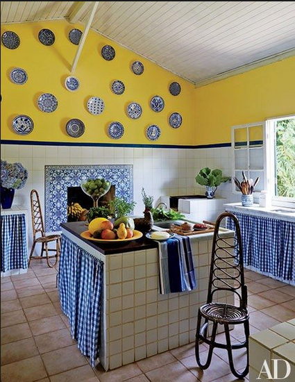 yellow walls with blue and white plates in kitchen