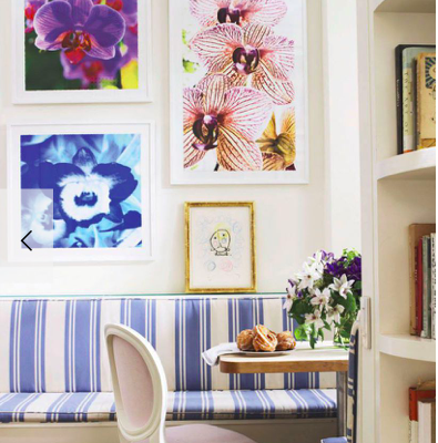 Phillip Gorrivan design, blue and white striped banquette, louis xvı chair and Joan Miro art