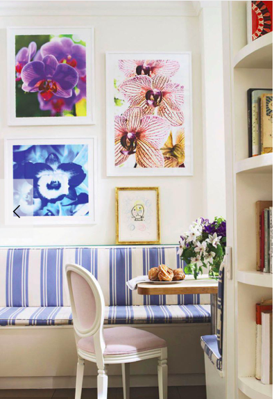 Phillip Gorrivan design, blue and white striped banquette, louis xvı chair and Joan Miro art