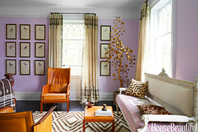 sophisticated color combination, lilac walls, ocre chair and beige sofa