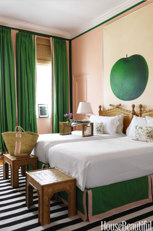 sophisticated color palette, pink walls, green curtains, and black and white stripe carpet
