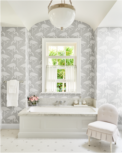 bathroom with flamingo wallpaper in Palm Beach Interior Design