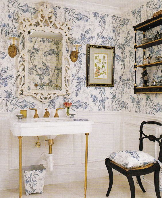 floral wallpapered powder room