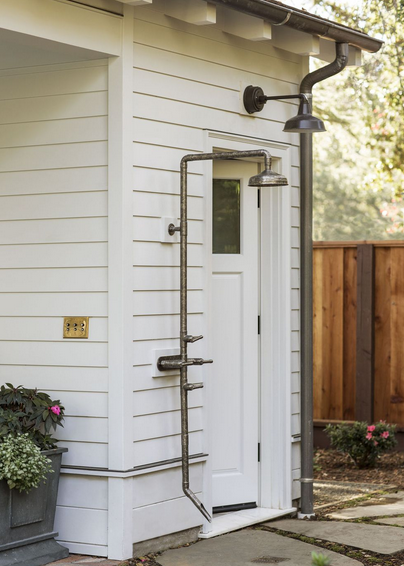 outdoor backyard shower with expose faucets