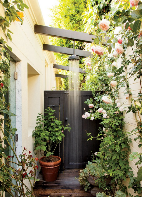 outdoor shower with climbing roses